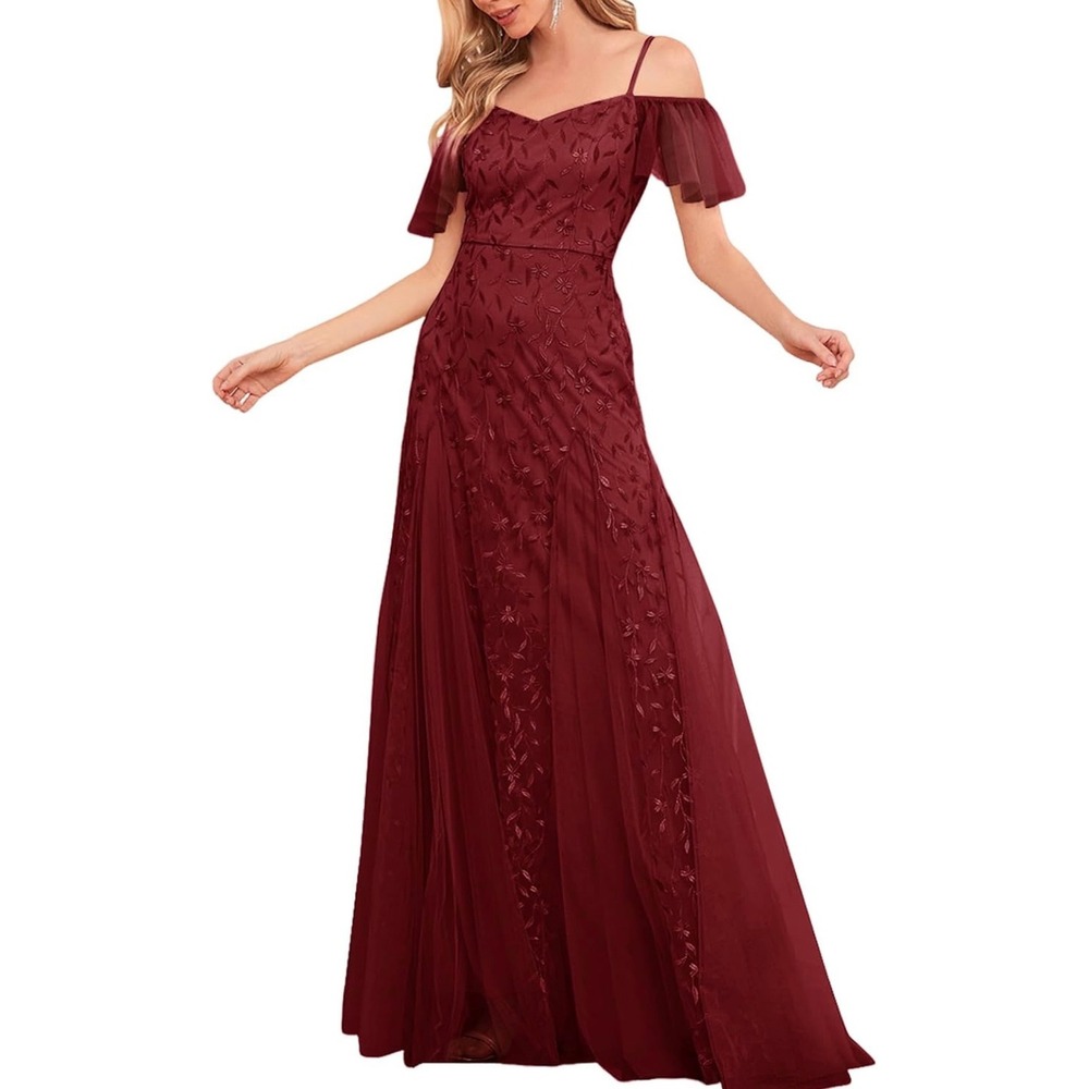 YHHOWEP Womens Burgundy Long Evening Gown Off Shoulder Sequin Tulle Size XL NWT